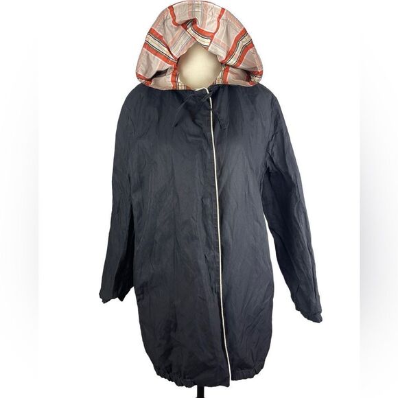 Cinzia Rocca Icons REVERSIBLE  plaid & black raincoat snap buttons  sz L - Picture 4 of 9